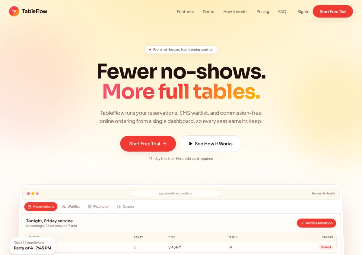 TableFlow, live site preview